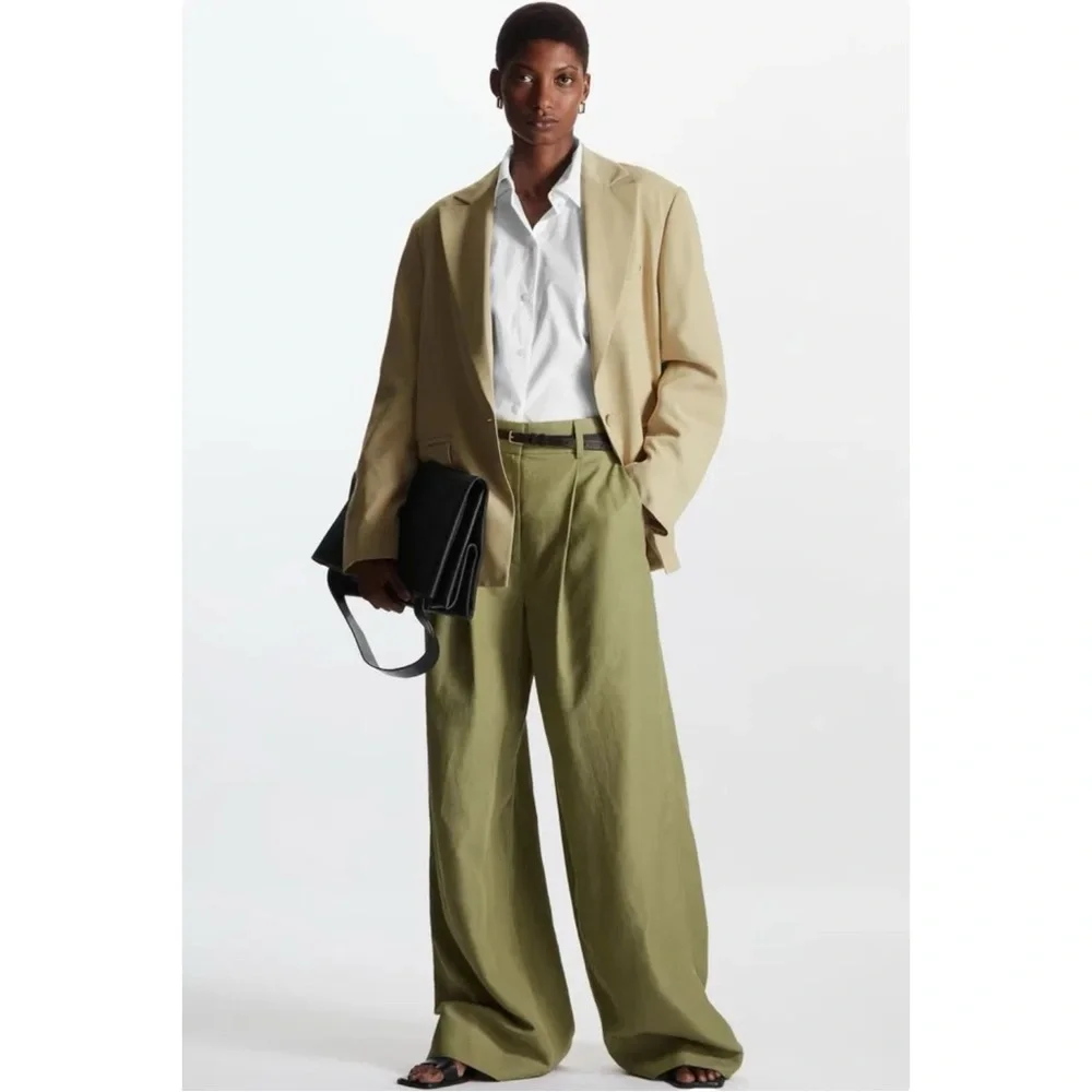 COS Khaki Green High Waisted Wide Leg Relaxed Fit Lyocell Linen Trousers Pants - Picture 4 of 11